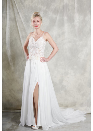 Spaghetti Straps Ivory Lace Chiffon Split Wedding Dress